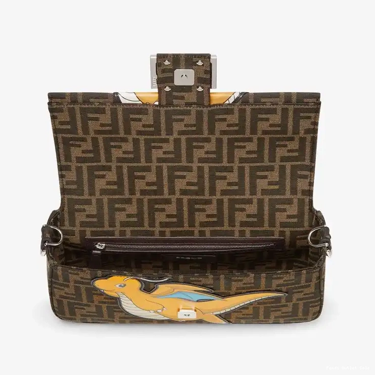 Cheap In Yellow Dragon Pokmon Baguette Motif Medium Brown Fabric FF Fendi Bag 0430